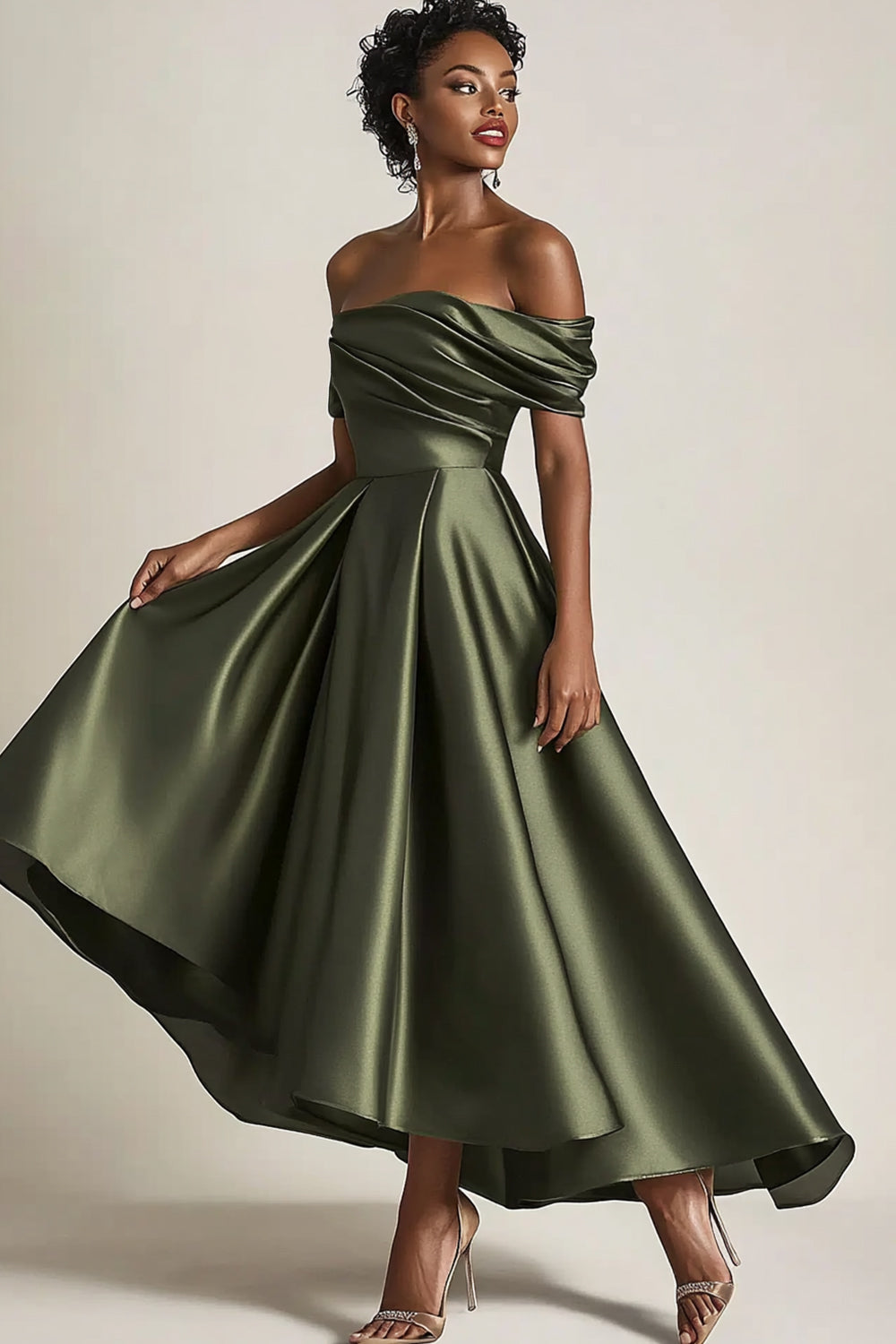 Satin Olive A-Line Off the Shoulder Ruched Ankle Length Formal Dress