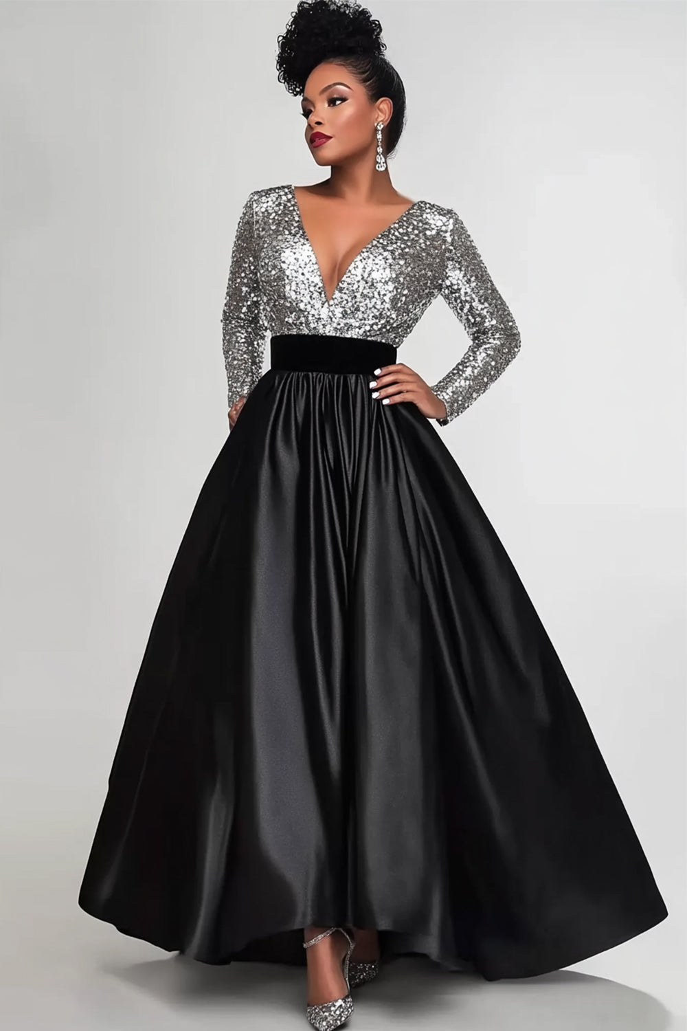 Sparkly Black Silver A-Line Long Sleeves Long Formal Dress