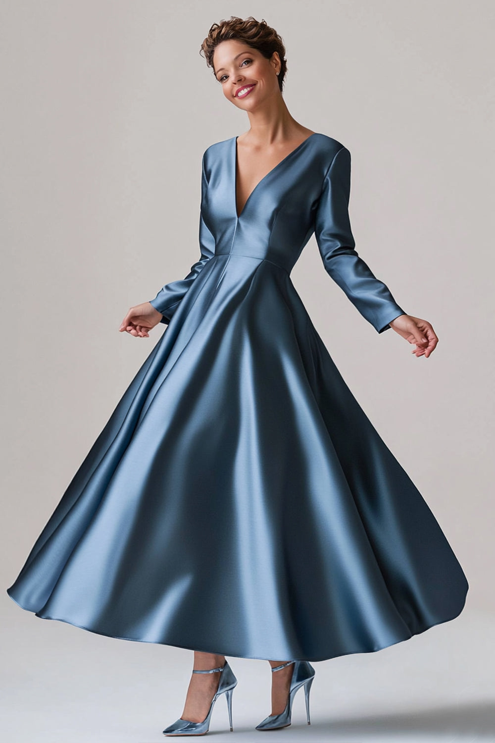 Blue A-Line V Neck Satin Long Formal Dress with Long Sleeves