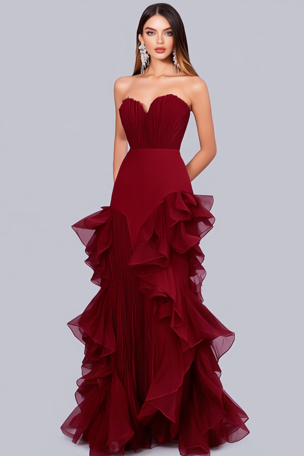Sweetheart Burgundy Ruffled Sheath Formal Dress with Ruffles