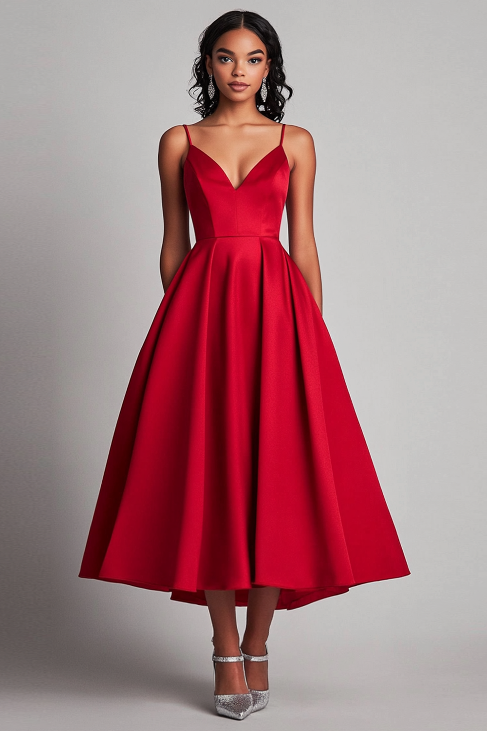 Red Satin A-Line Tea Length Spaghetti Straps Formal Dress