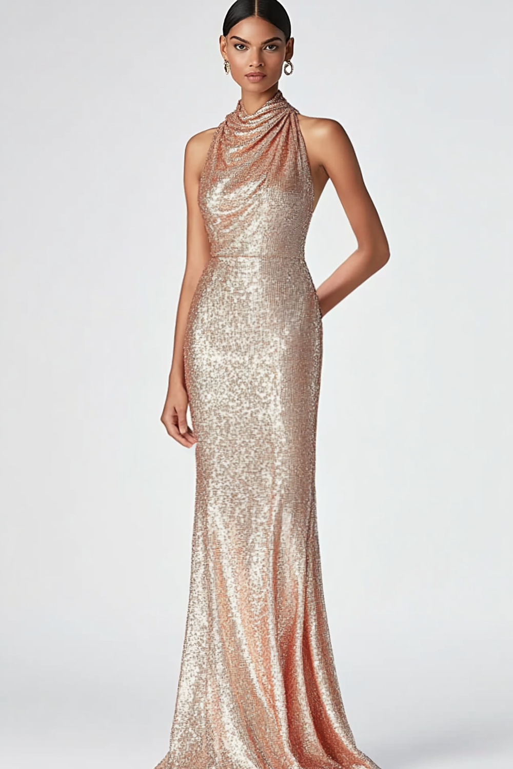 Sparkly Champagne Halter Mermaid Long Formal Dress