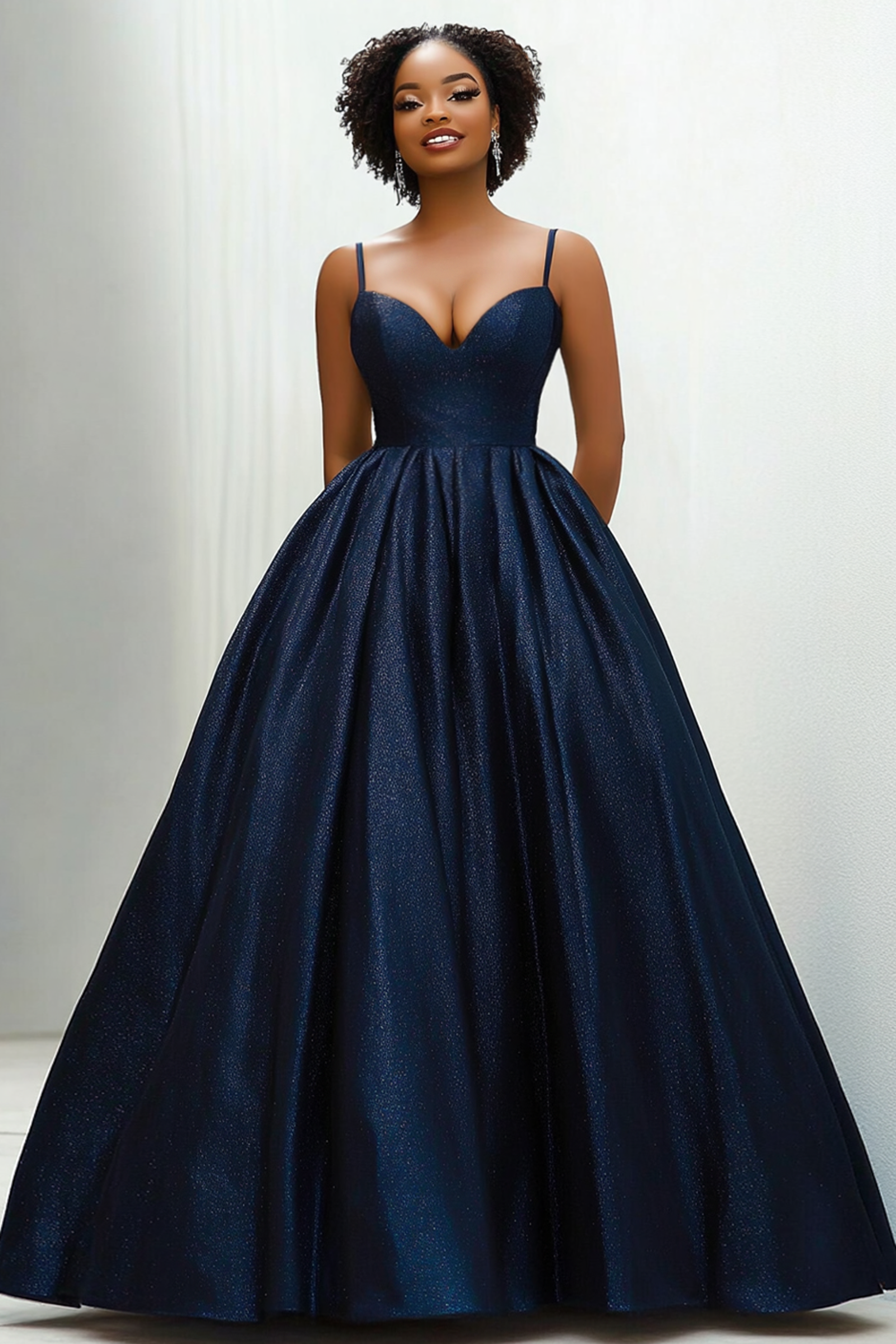Ball Gown Sweetheart Navy Spaghetti Straps Long Satin Formal Dress with Pockets