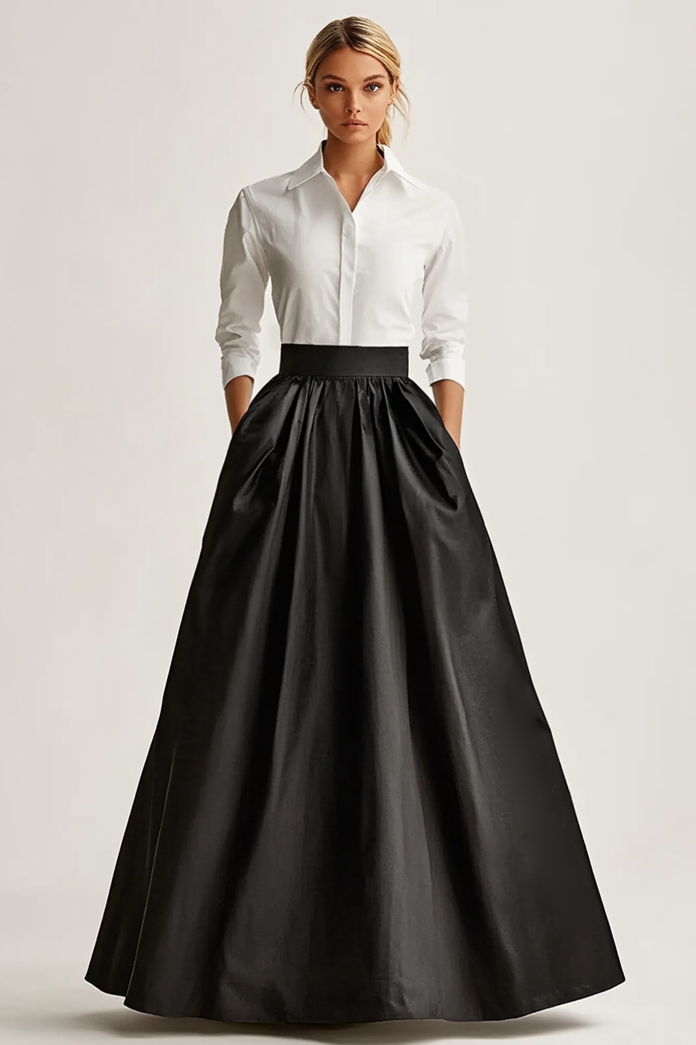 Black Satin A Line Long Sleeves Formal Dress with Pcokets