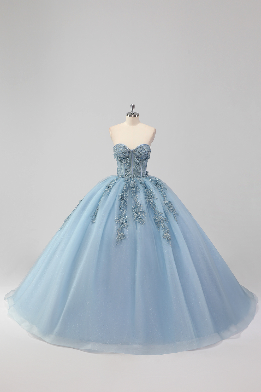 Grey Blue Sweetheart Tulle Ball Gown Applique Quinceanera Dress with Beading