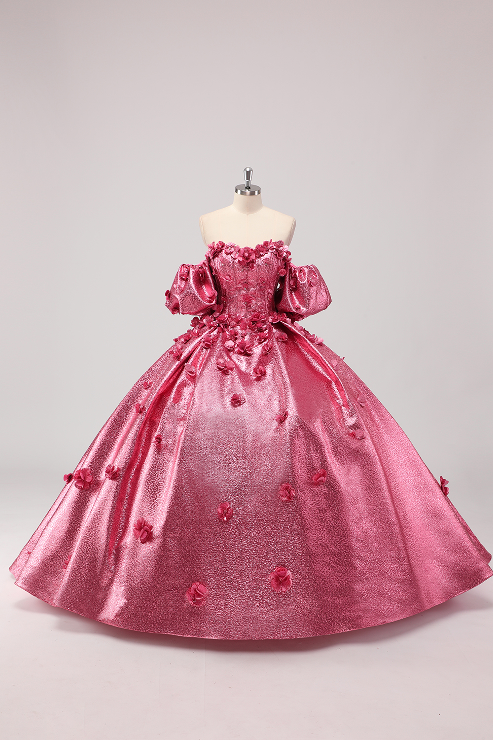 Sparkly Fuchsia Floral Off the Shoulder Princess Sequin Applique Quinceanera Dress with Puff Sleeves