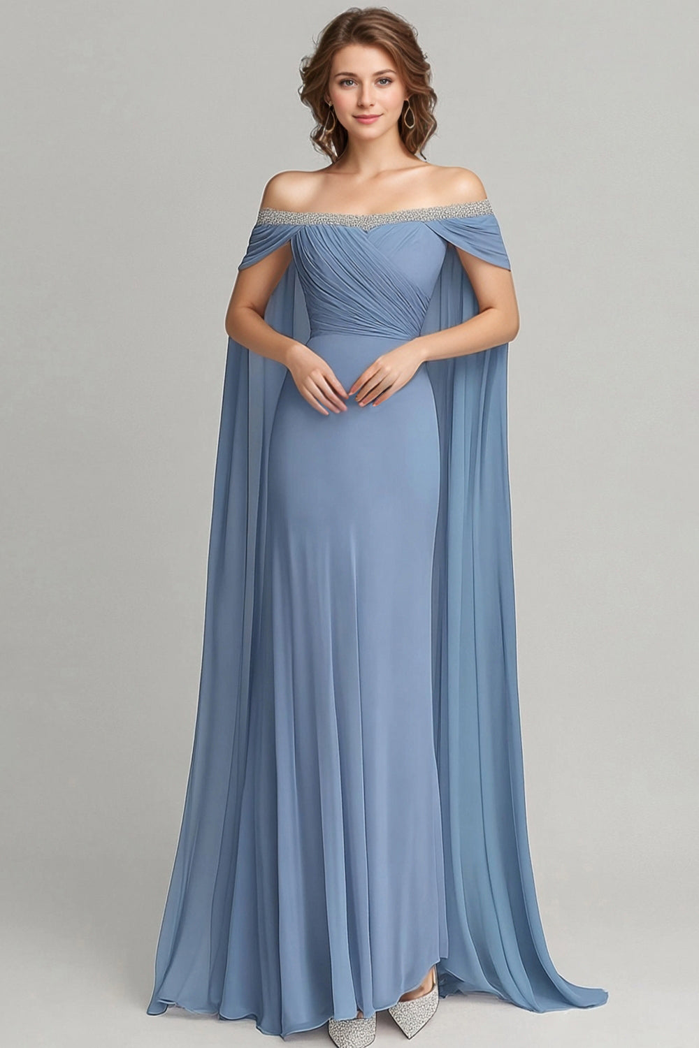 Grey Blue Chiffon Off the Shoulder Mother of the Bride Dress with Cape