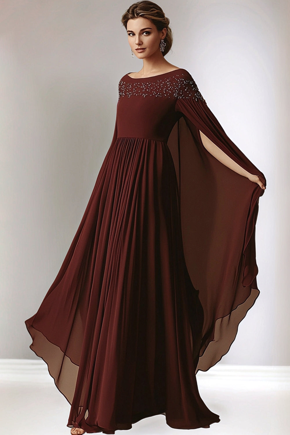A-Line Chiffon Round Neck Burgundy Long Mother of the Bride Dress with Wrap