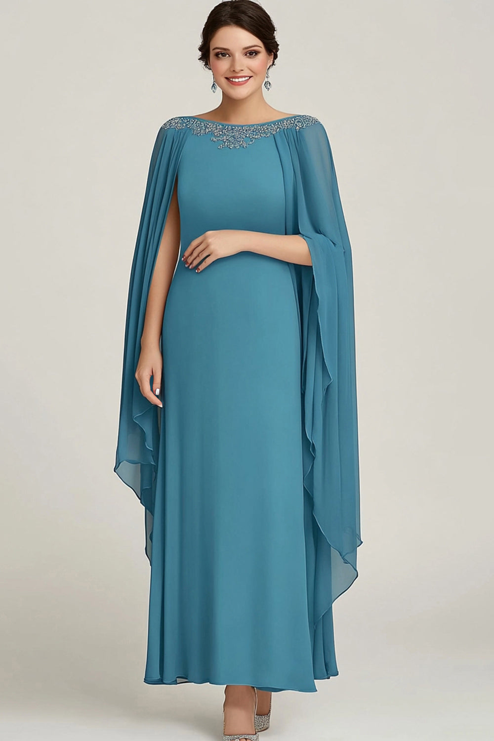 Chiffon Blue Boat Neck Long Mother Of The Bride Dress with Wrap