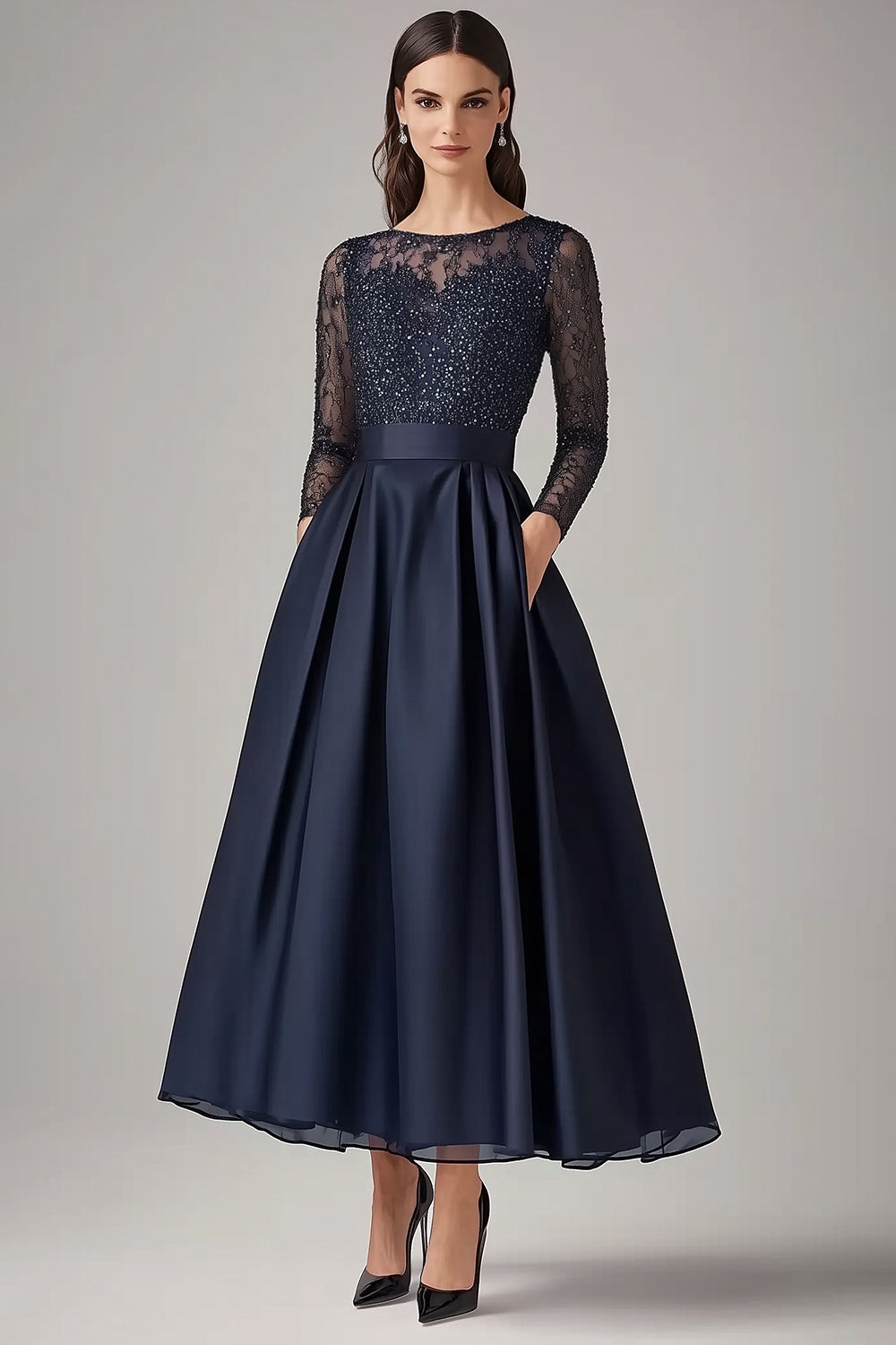 Sparkly Navy Beaded A Line Long Sleeves Formal Dress with Lace