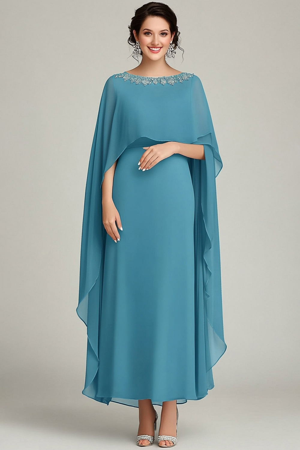 Sparkly Blue Round Neck Long Mother Of the Bride Dress with Cape