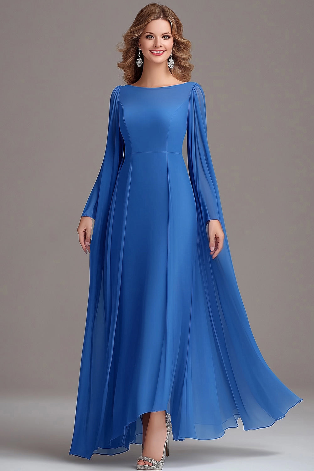 A Line Blue Chiffon Long Sleeves Boat Neck Mother Of the Bride Dress