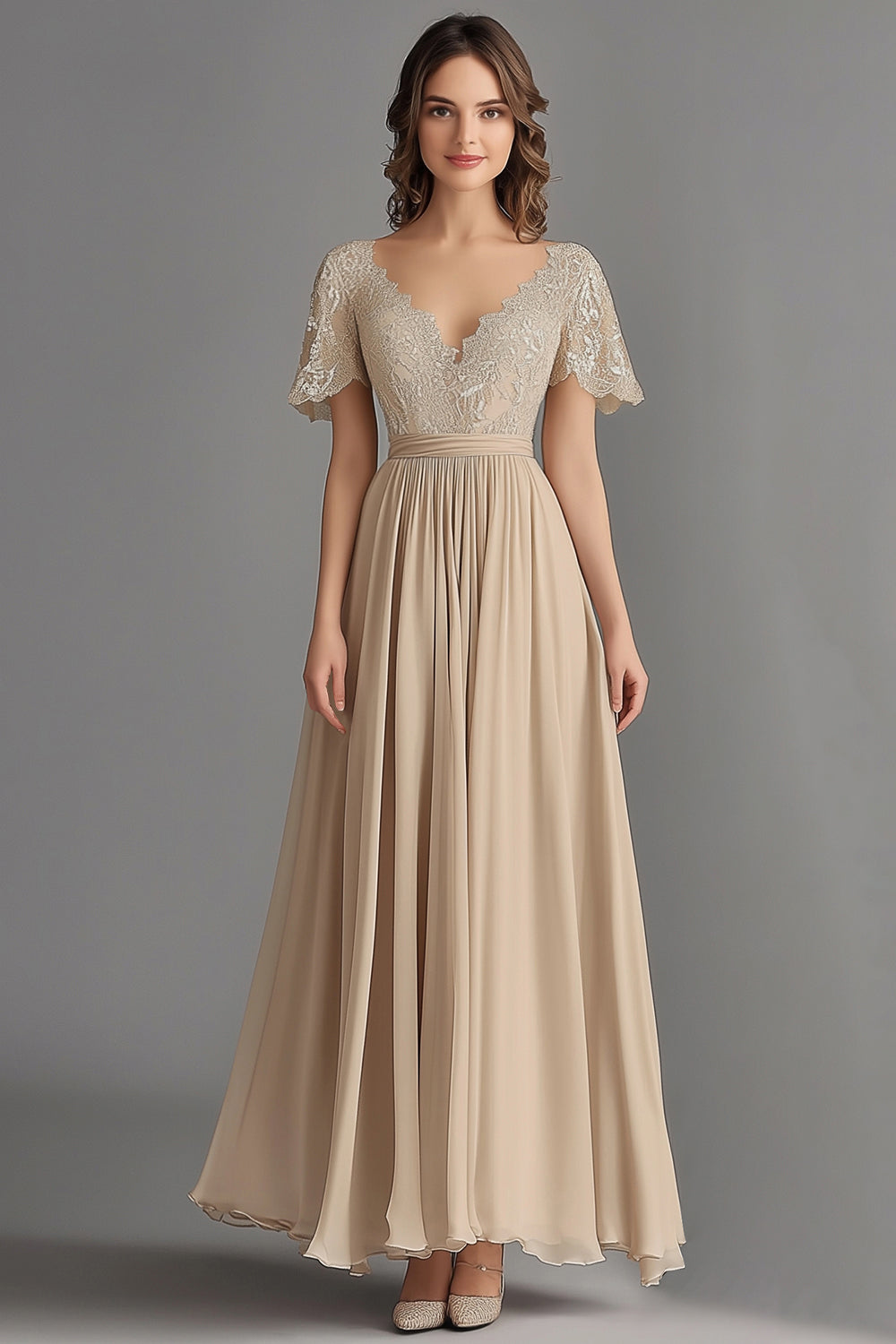 Champagne V Neck A Line Pleated Mother of the Bride Dress with Appliques