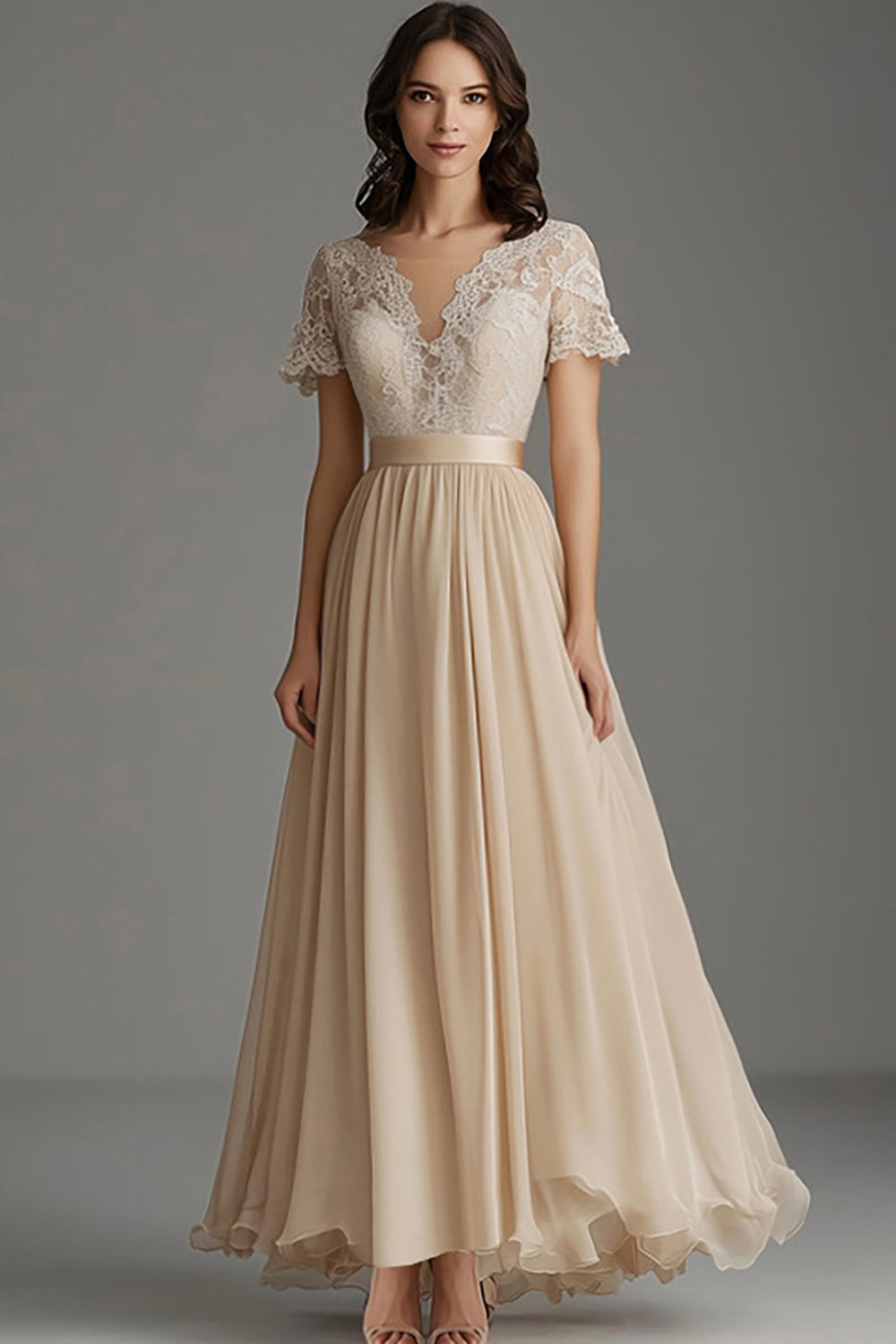 A Line Champagne Chiffon Pleated Mother Of The Bride Dress with Lace