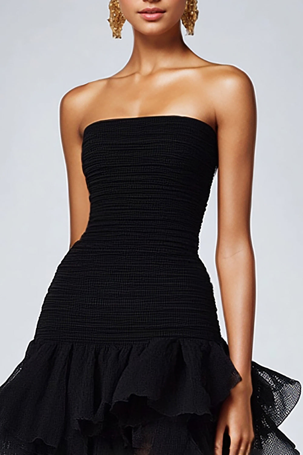 Black Strapless Tulle Long Ruffled Formal Dress with Slit