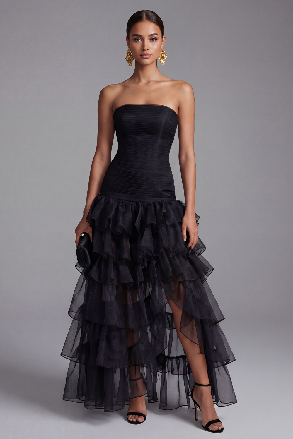 Black Strapless Ruffled A-Line Long Formal Dress with Slit