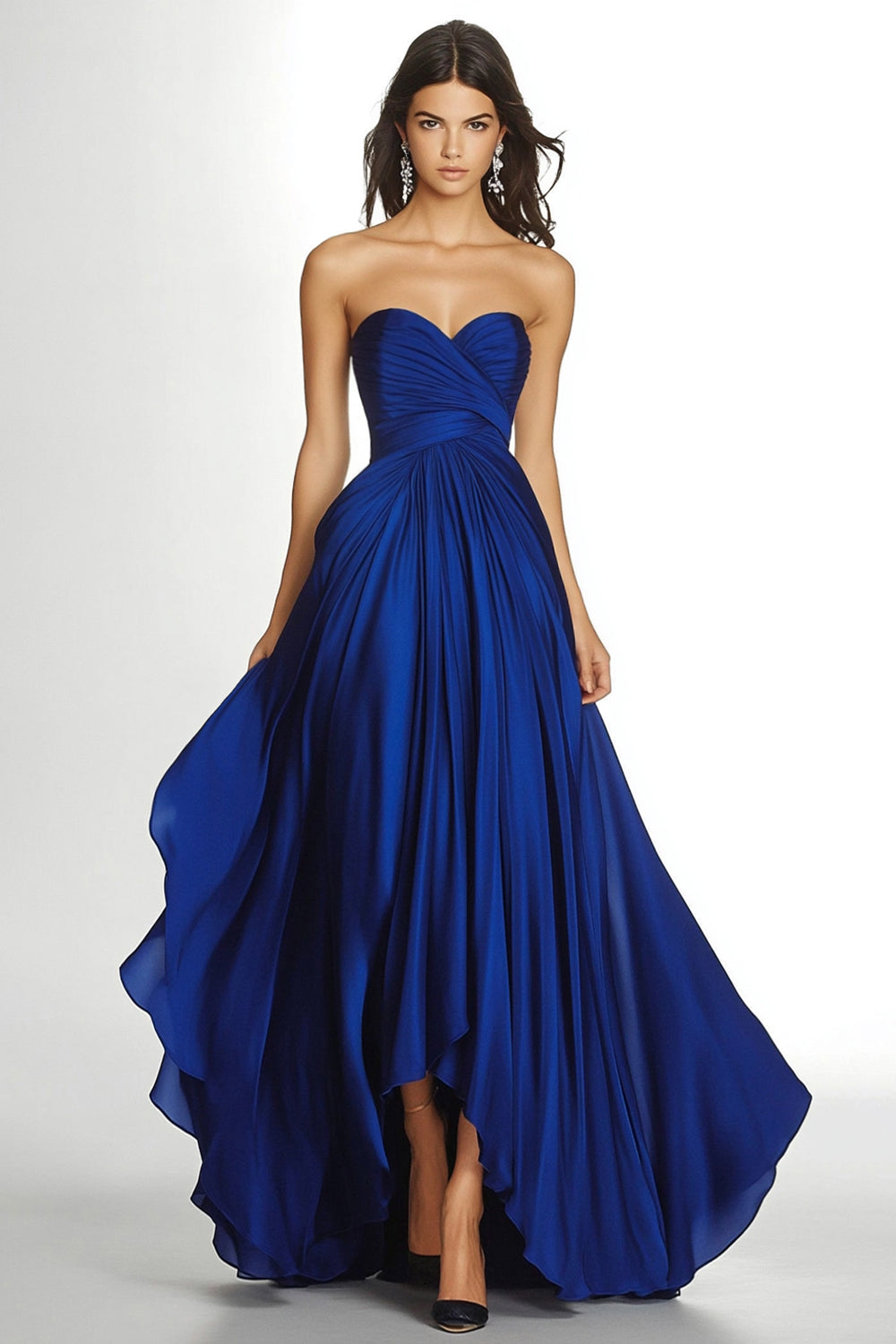 Maxi A Line Royal Blue Pleated Asymmetric Chiffon Strapless Formal Dress