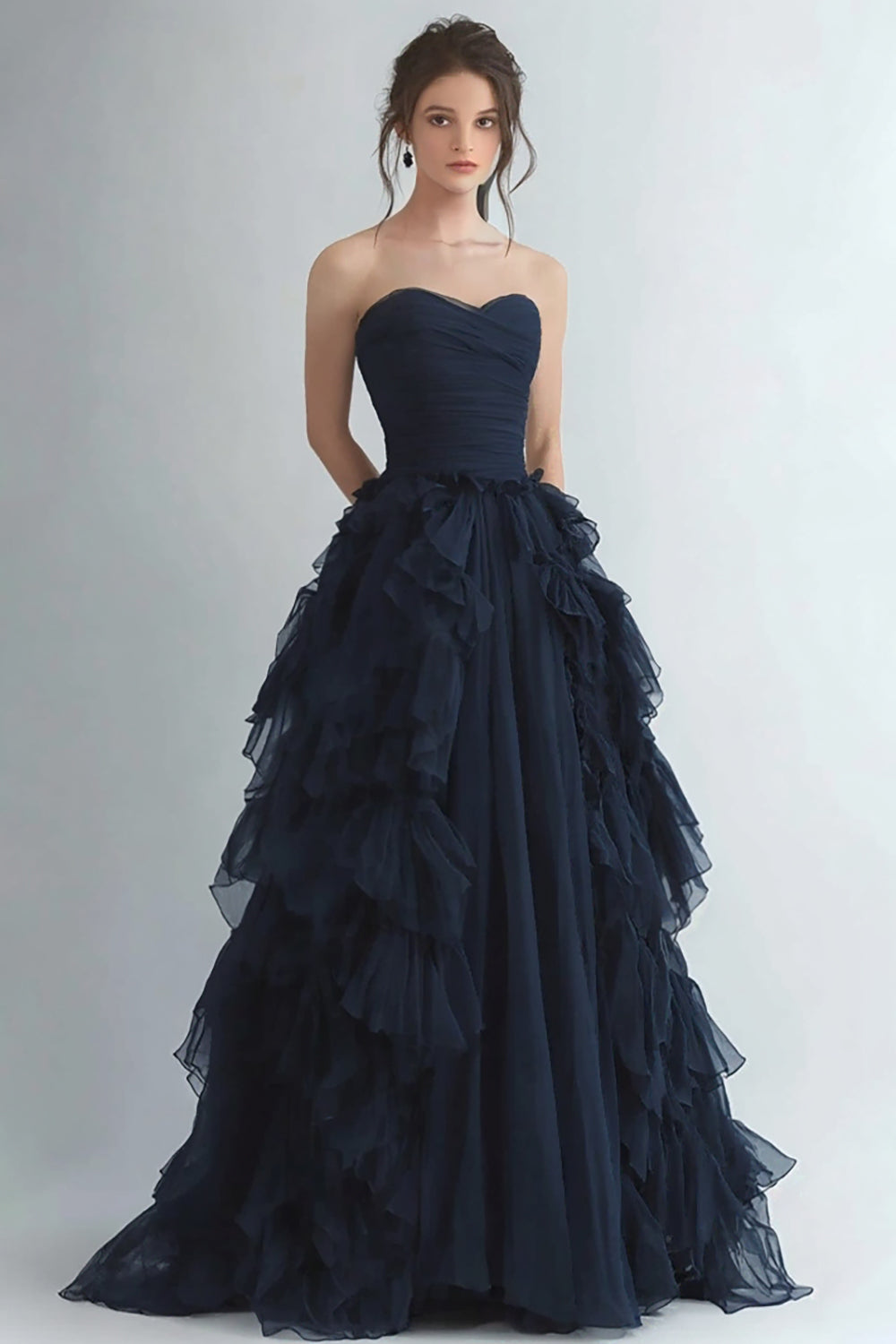 Organza Navy Strapless A Line Formal Dress with Ruffles