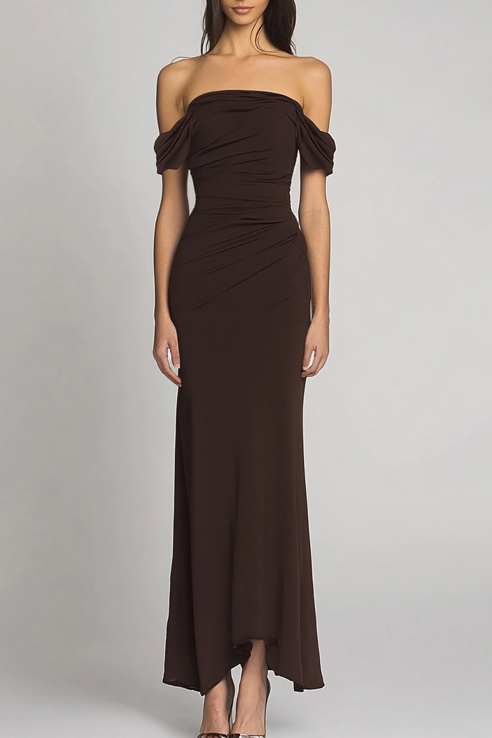 Elegant Off the Shoulder Dark Brown Sheath Long Formal Dress