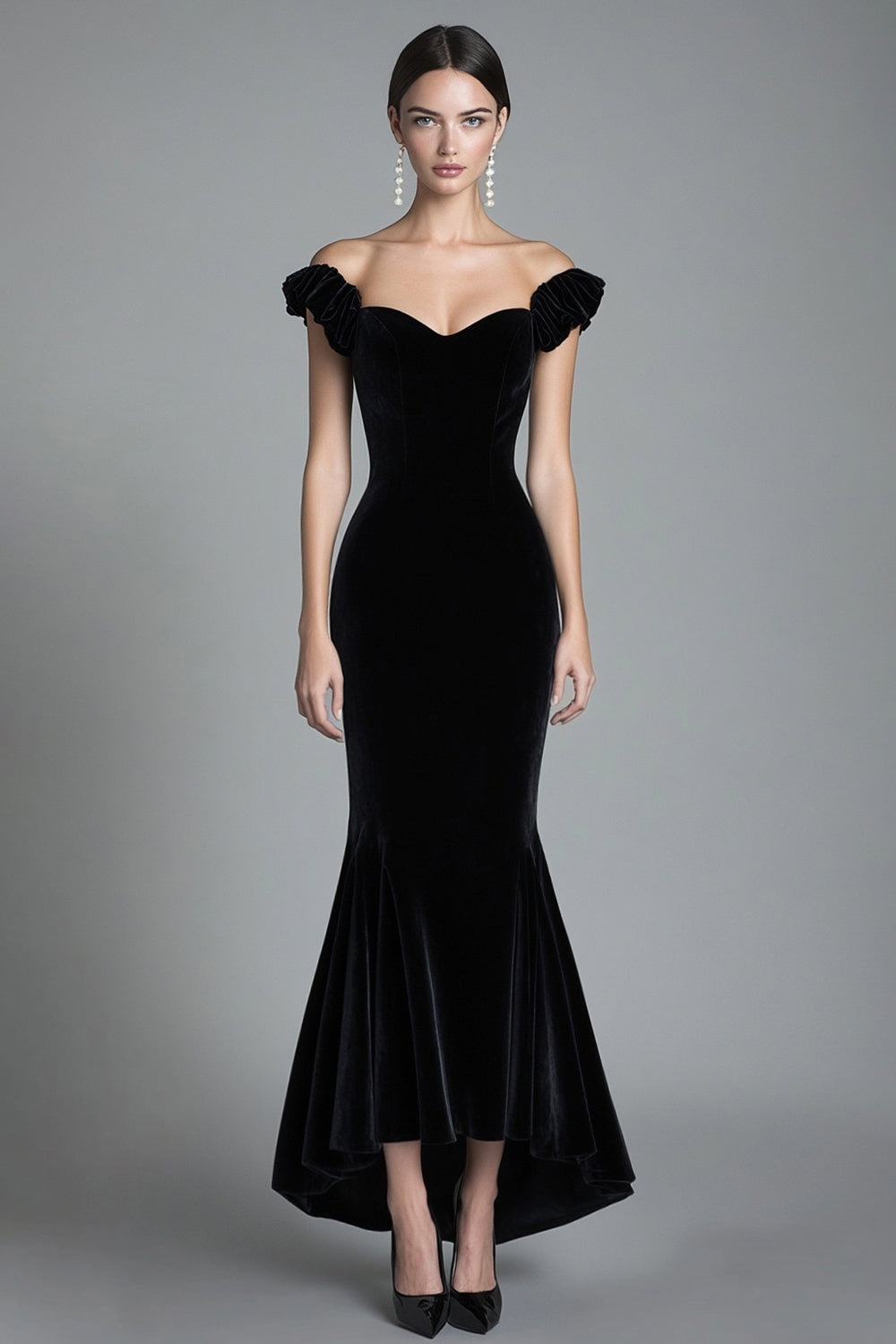 Mermaid Black Velvet Off the Shoulder Long Formal Dress