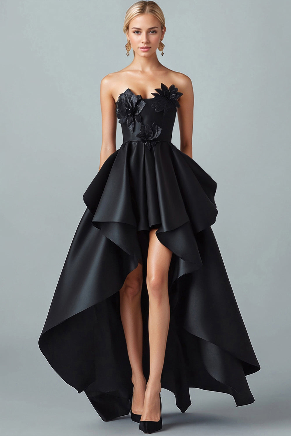 Black High-Low Sparkly A-Line Strapless 3D Flowers Satin Formal Dress with Ruffles