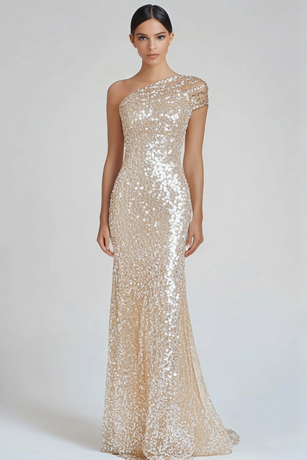 One Shoulder Sparkly Champagne Sheath Long Formal Dress