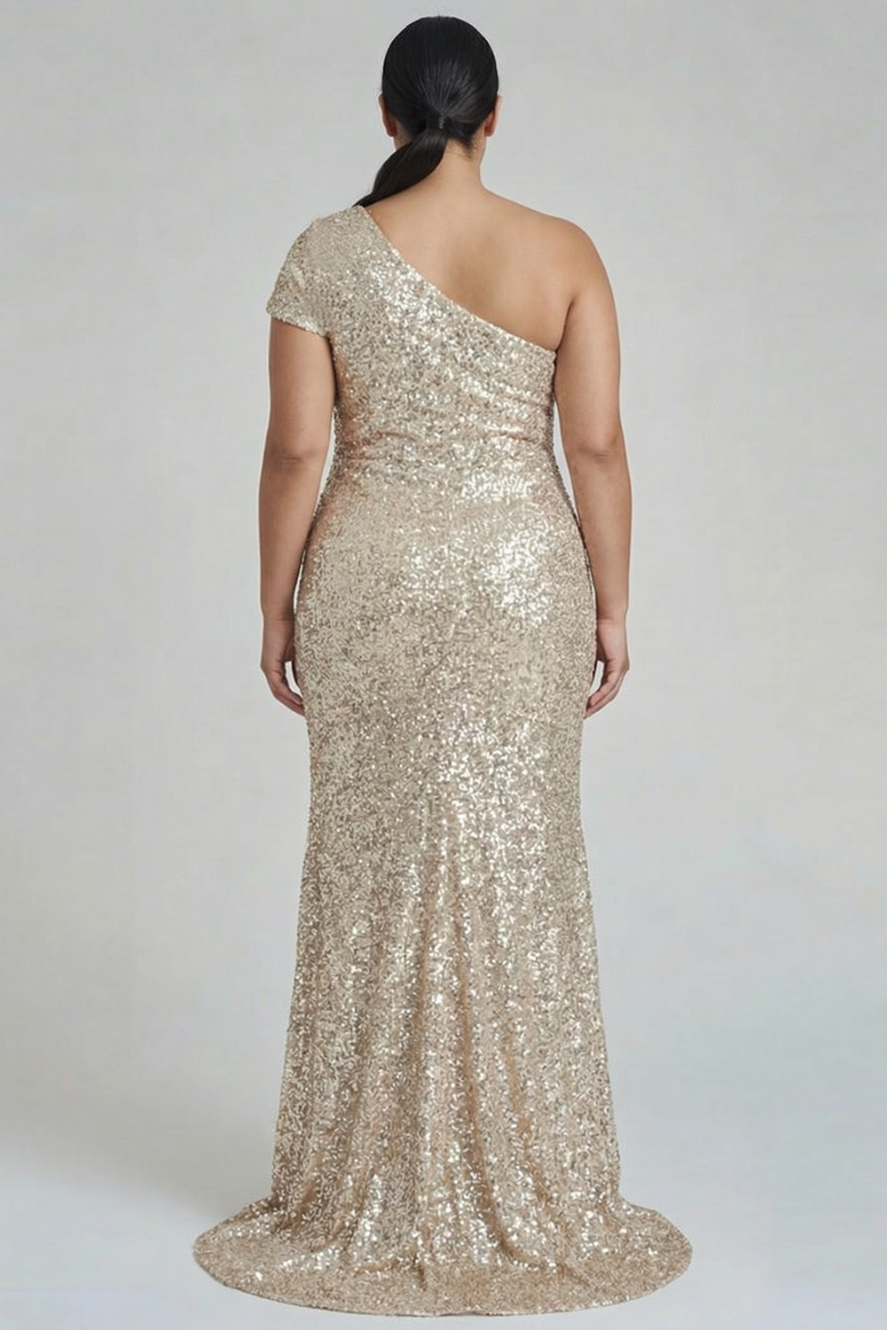 One Shoulder Sparkly Champagne Sheath Long Formal Dress