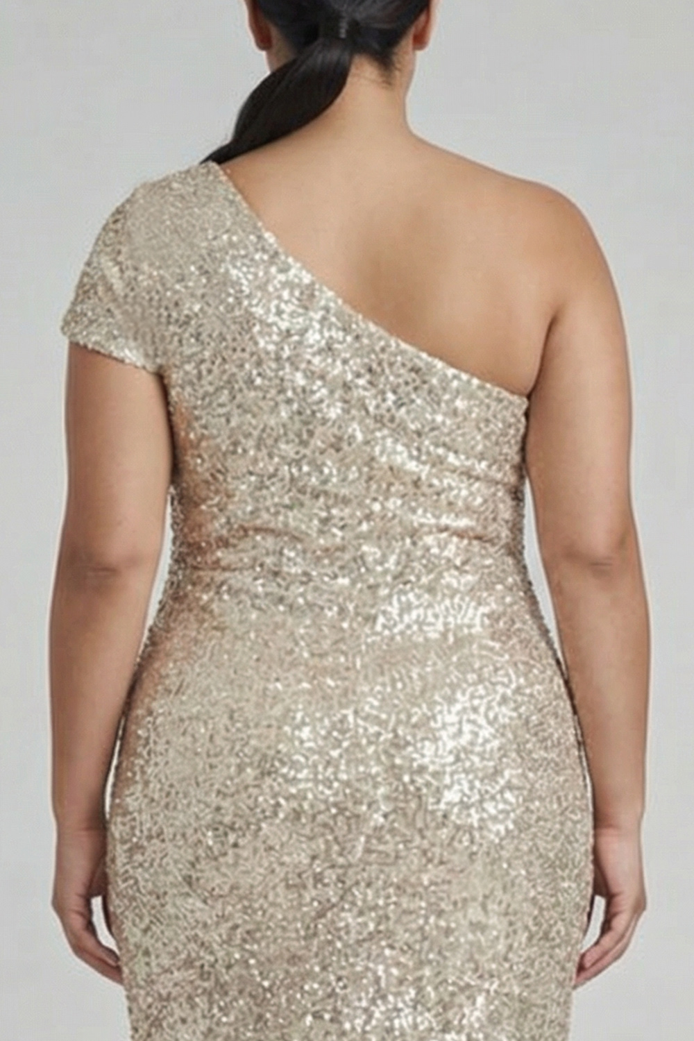 One Shoulder Sparkly Champagne Sheath Long Formal Dress