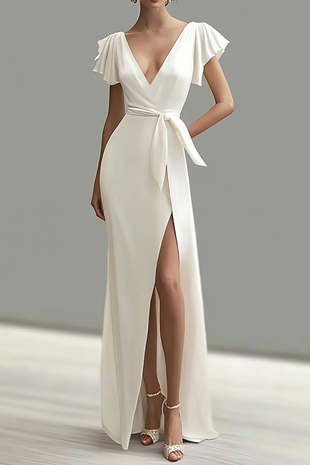 Mermaid Satin White Deep V Neck Long Formal Dress with Slit