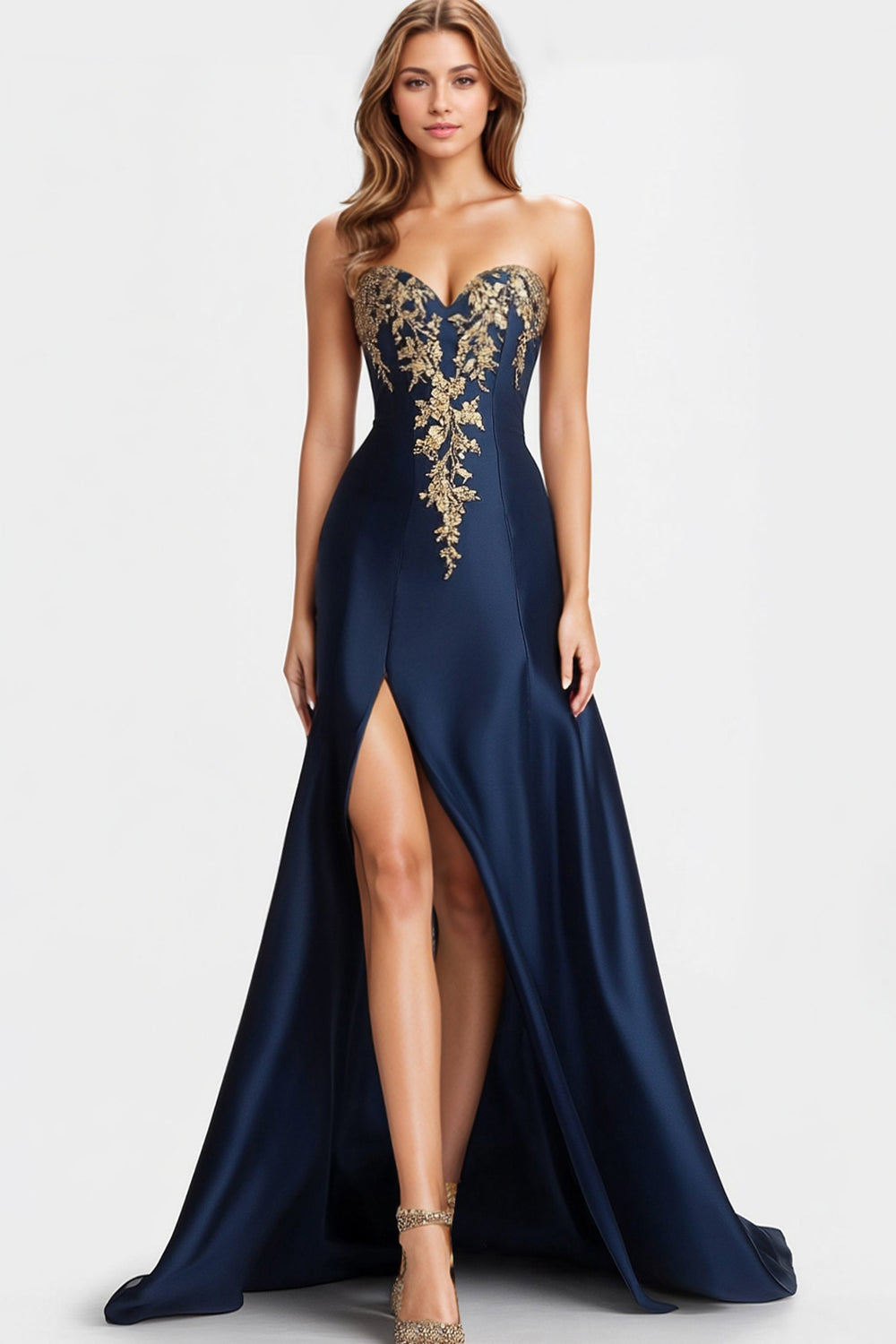 Sweetheart Satin Beaded Navy Blue A Line Long Formal Dress with Slit