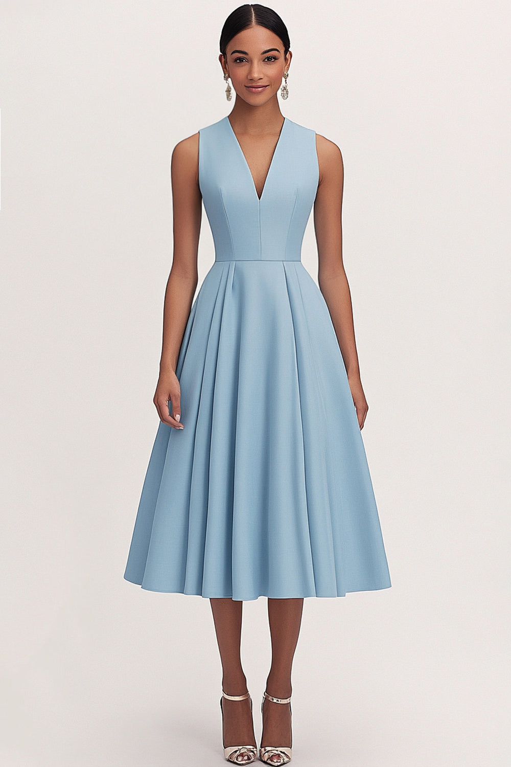 Simple A Line V Neck Blue Tea Length Formal Dress