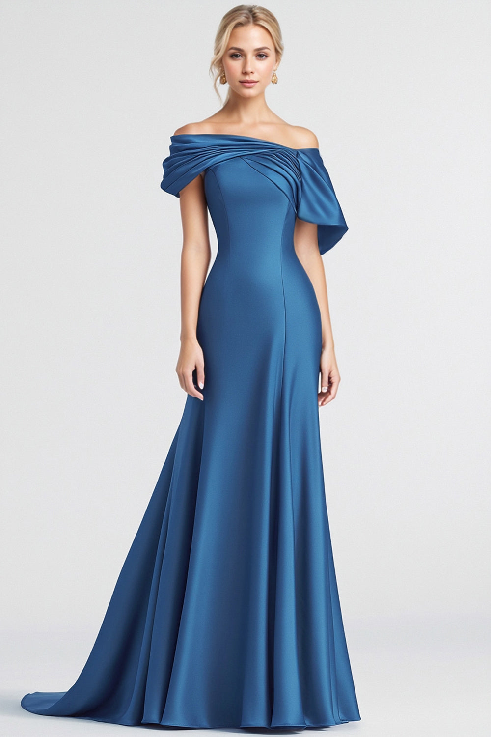 Mermaid Long Blue Off the Shoulder Sheath Satin Formal Dress