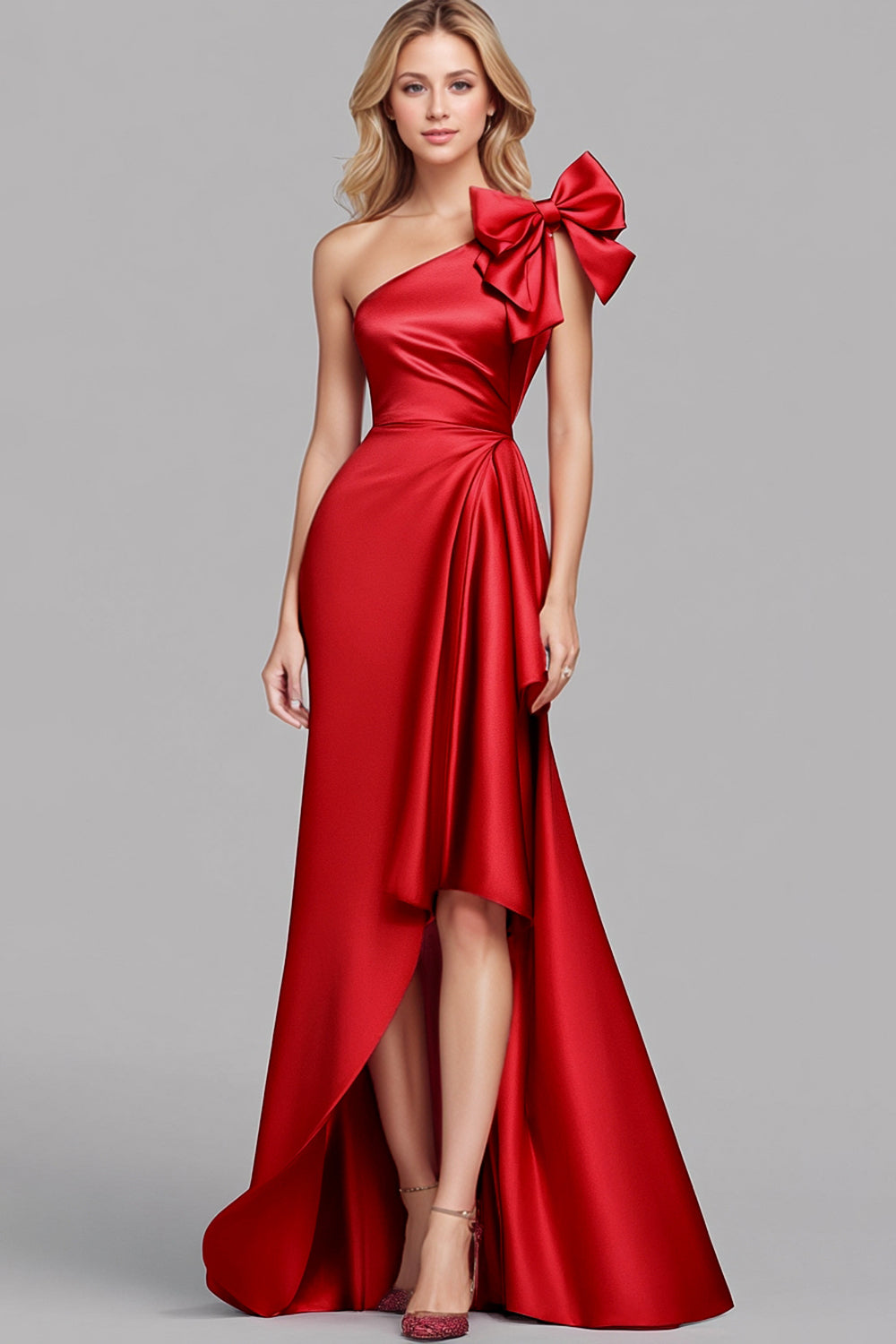 Mermaid Long Red One Shoulder Satin Formal Dress with Bow