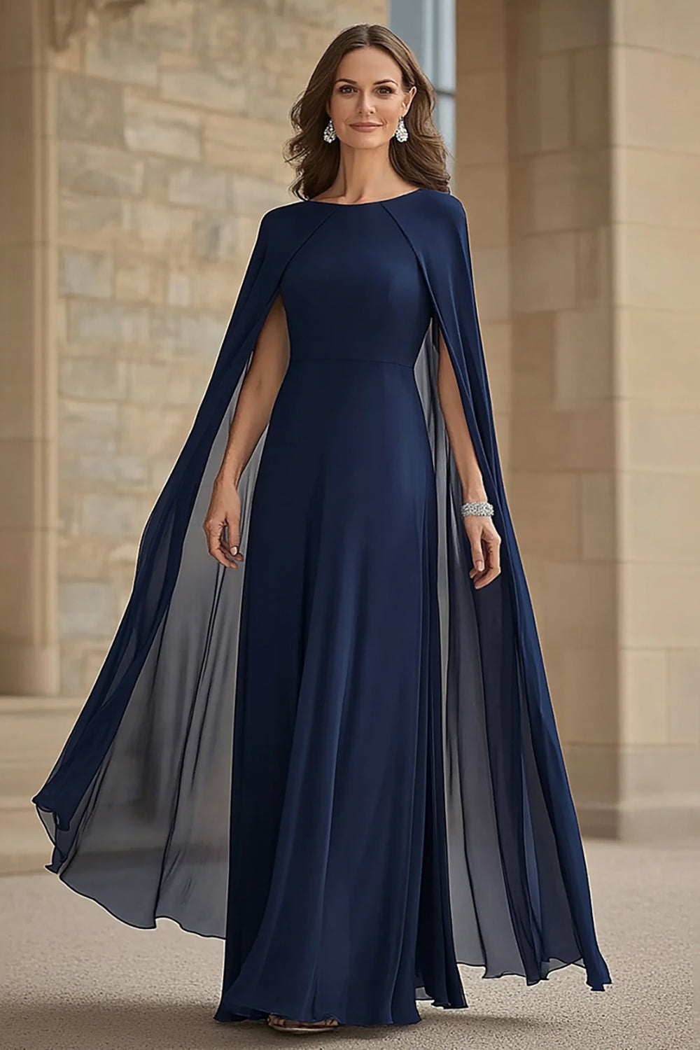 Scoop Neck Chiffon Navy Mother of the Bride Dress with Cape