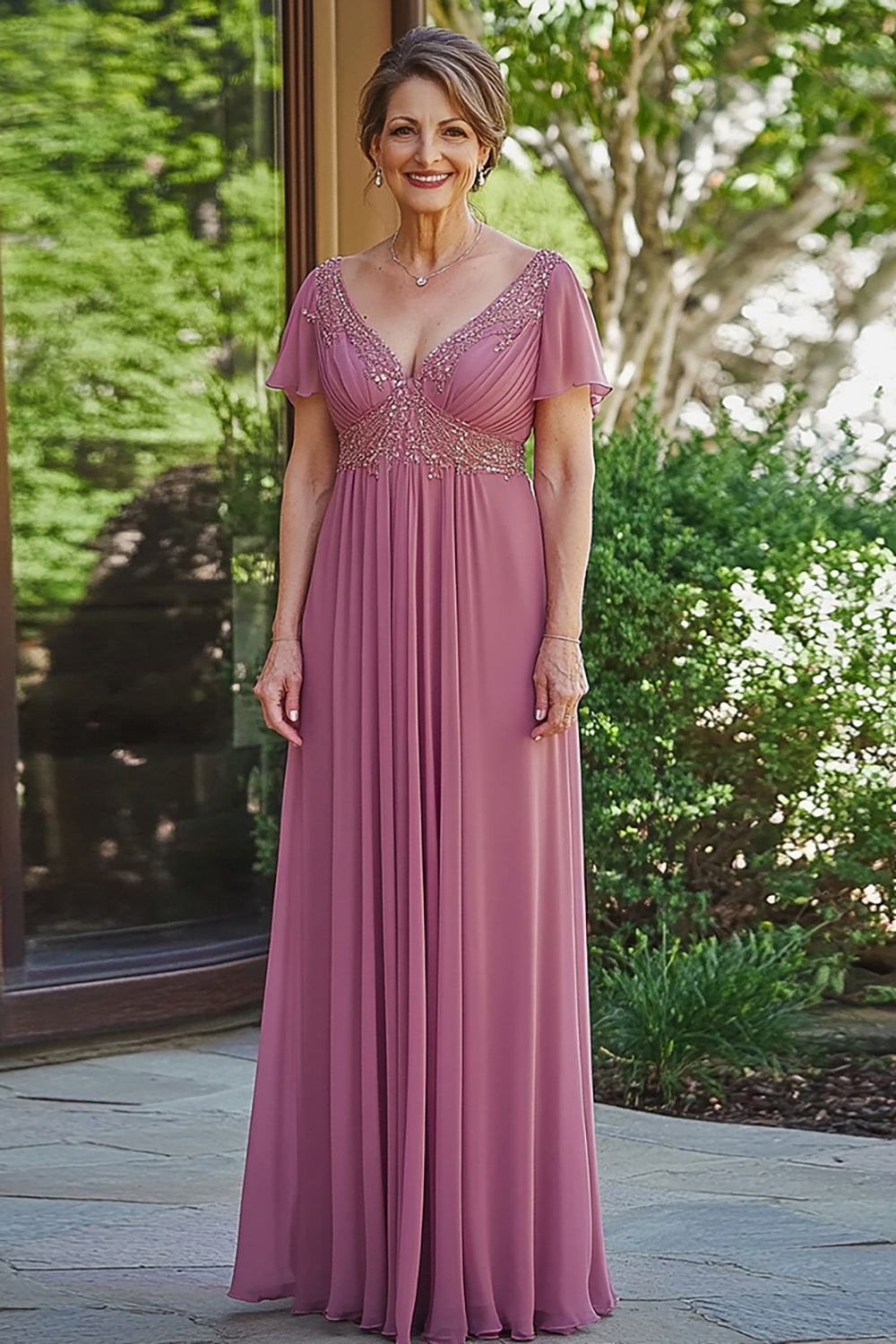 Chiffon A Line Dusty Rose Mother of the Bride Dress with Short Sleeves