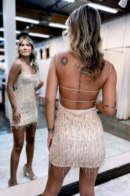 Sparkly Apricot Sequins Tight Short Homecoming Dress with Fringes