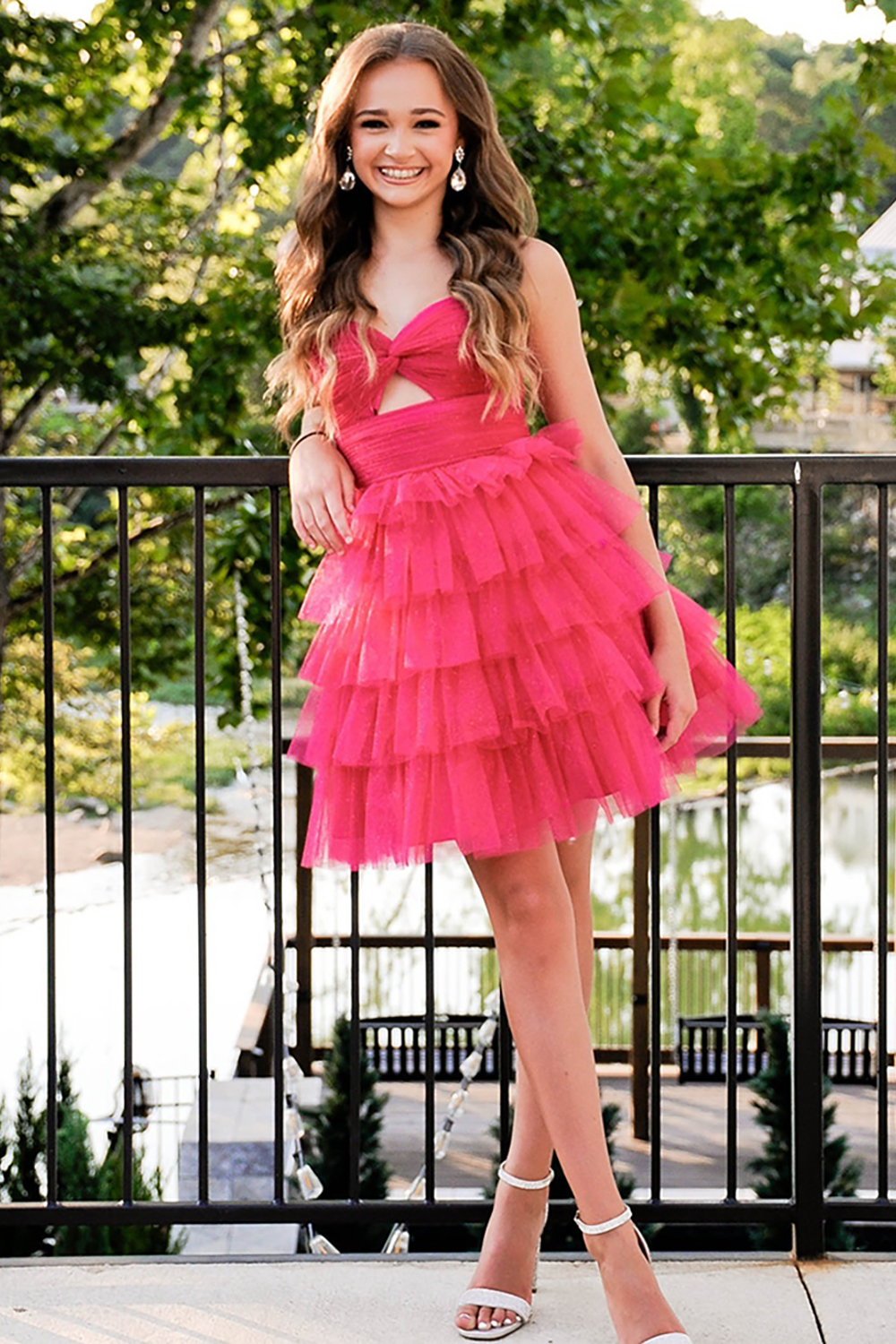 Glitter Fuchsia Ruffled Tiered A Line Short Homecoming Dress