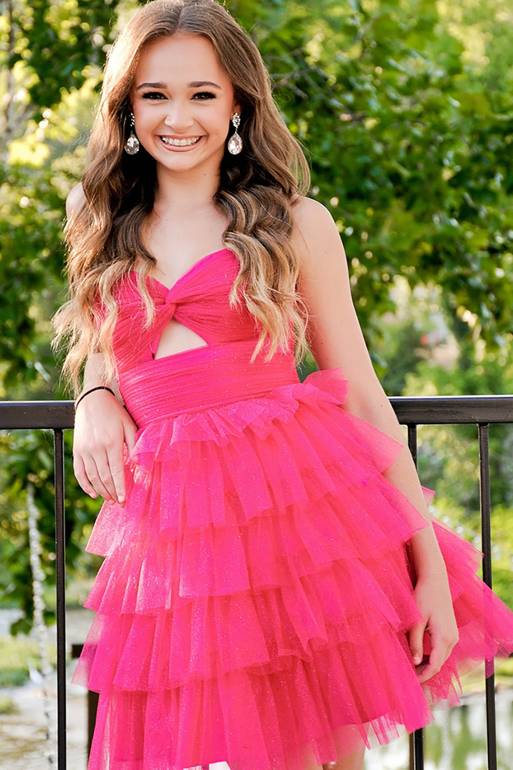 Glitter Fuchsia Ruffled Tiered A Line Short Homecoming Dress