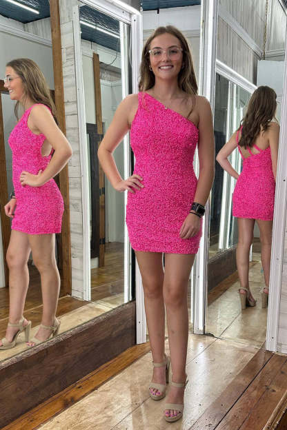 Fuchsia Sequins One Shoulder Homecoming Dress