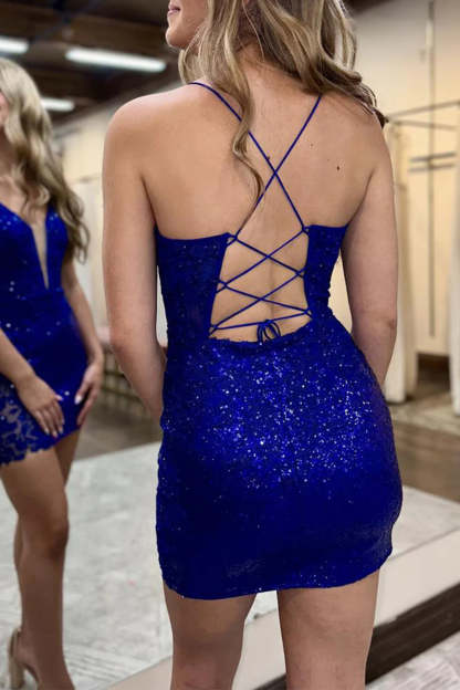 Sparkly Royal Blue Sequin Tight Short Homecoming Dress with Appliques