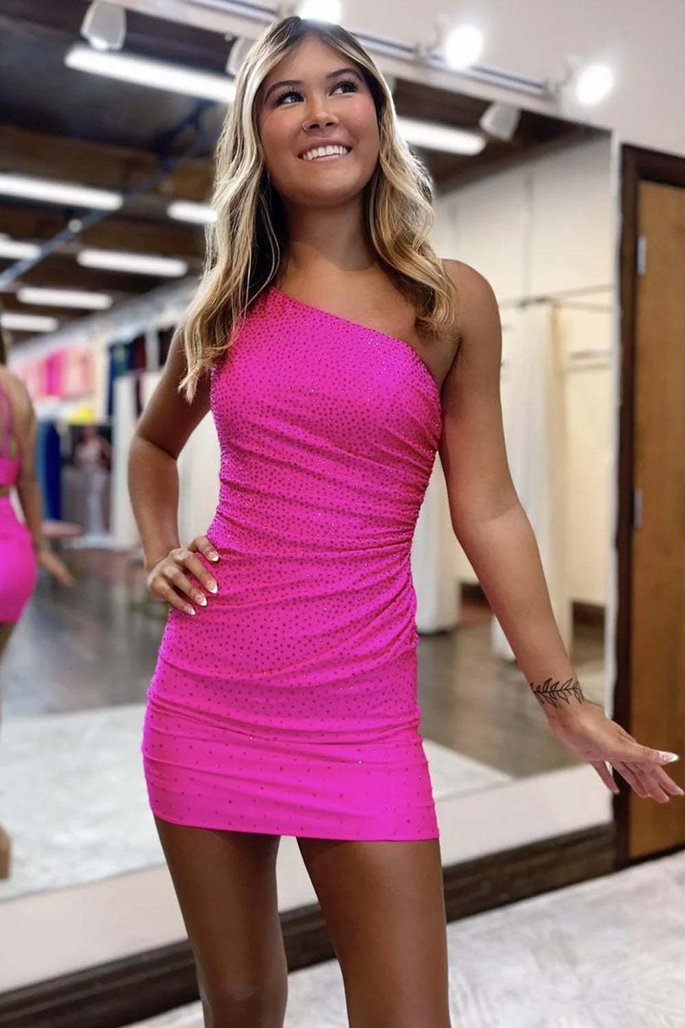 Sparkly Fuchsia Sequins One Shoulder Tight Short Homecoming Dress