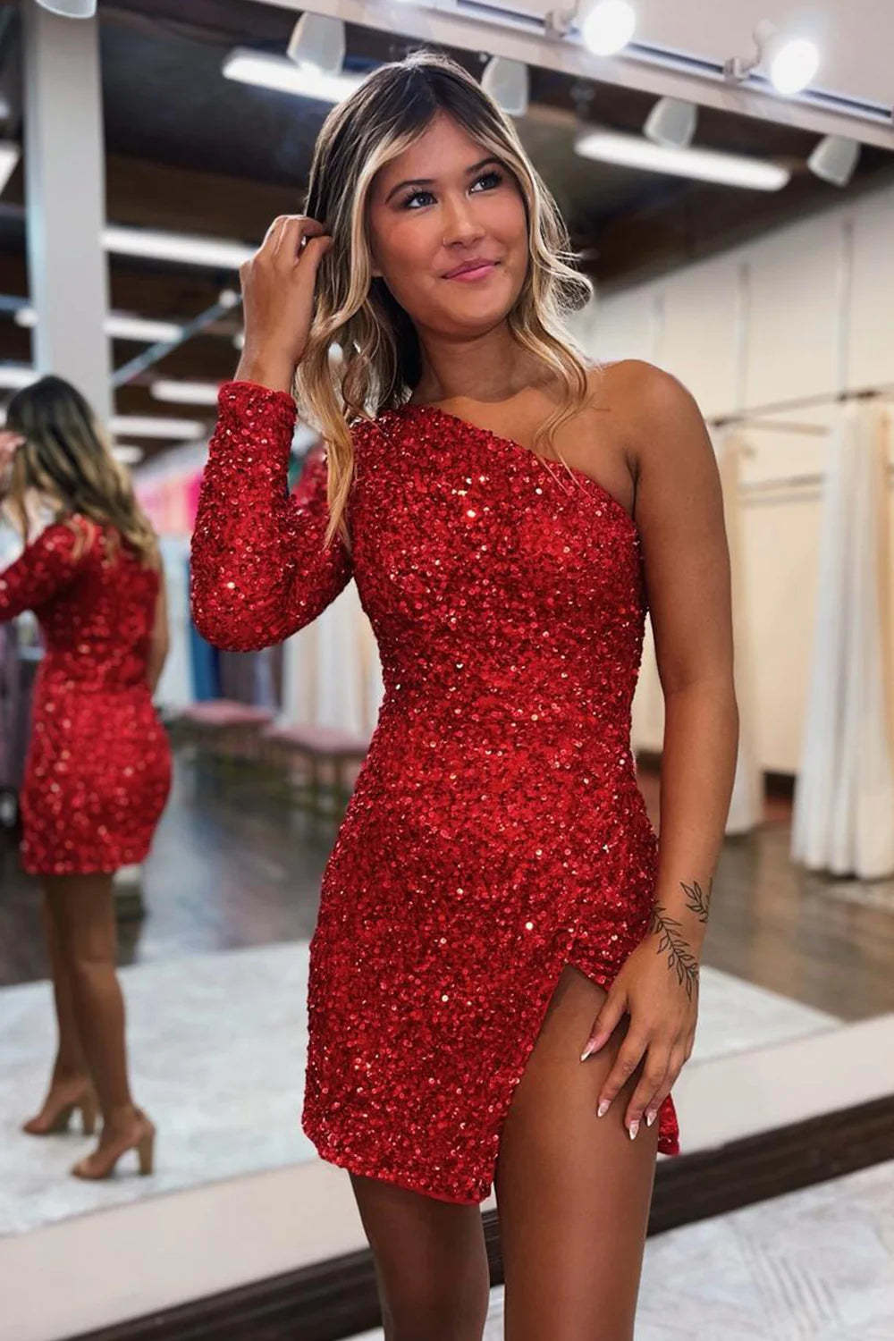 Sparkly Red One Shoulder One Sleeve Sequins Homecoming Dress with Slit