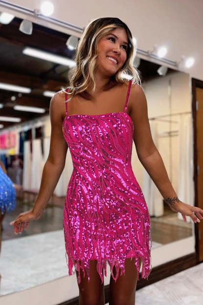 Sparkly Fuchsia Beaded Sequin Tight Short Homecoming Dress with Fringes
