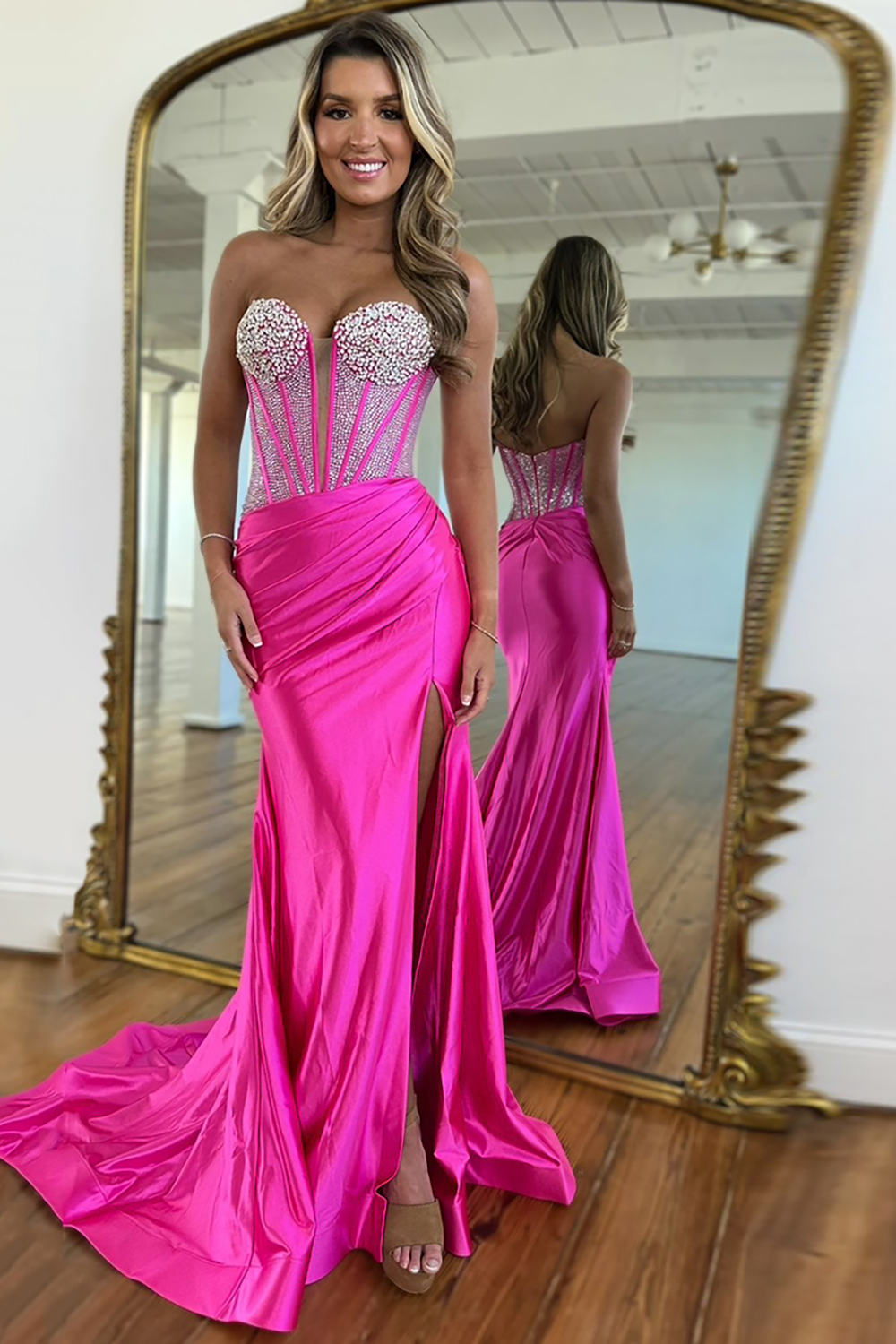 Blue Sparkly Mermaid Floor Length Prom Dress with Slit