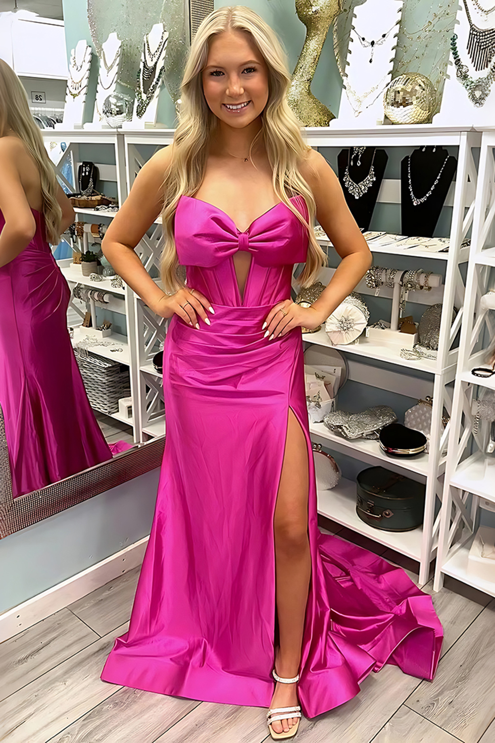 Simple Corset Red Satin Sweetheart Long Prom Dress with Slit
