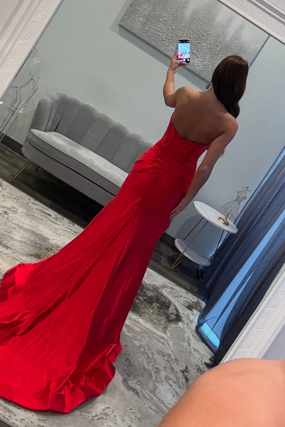 Simple Corset Red Satin Sweetheart Long Prom Dress with Slit
