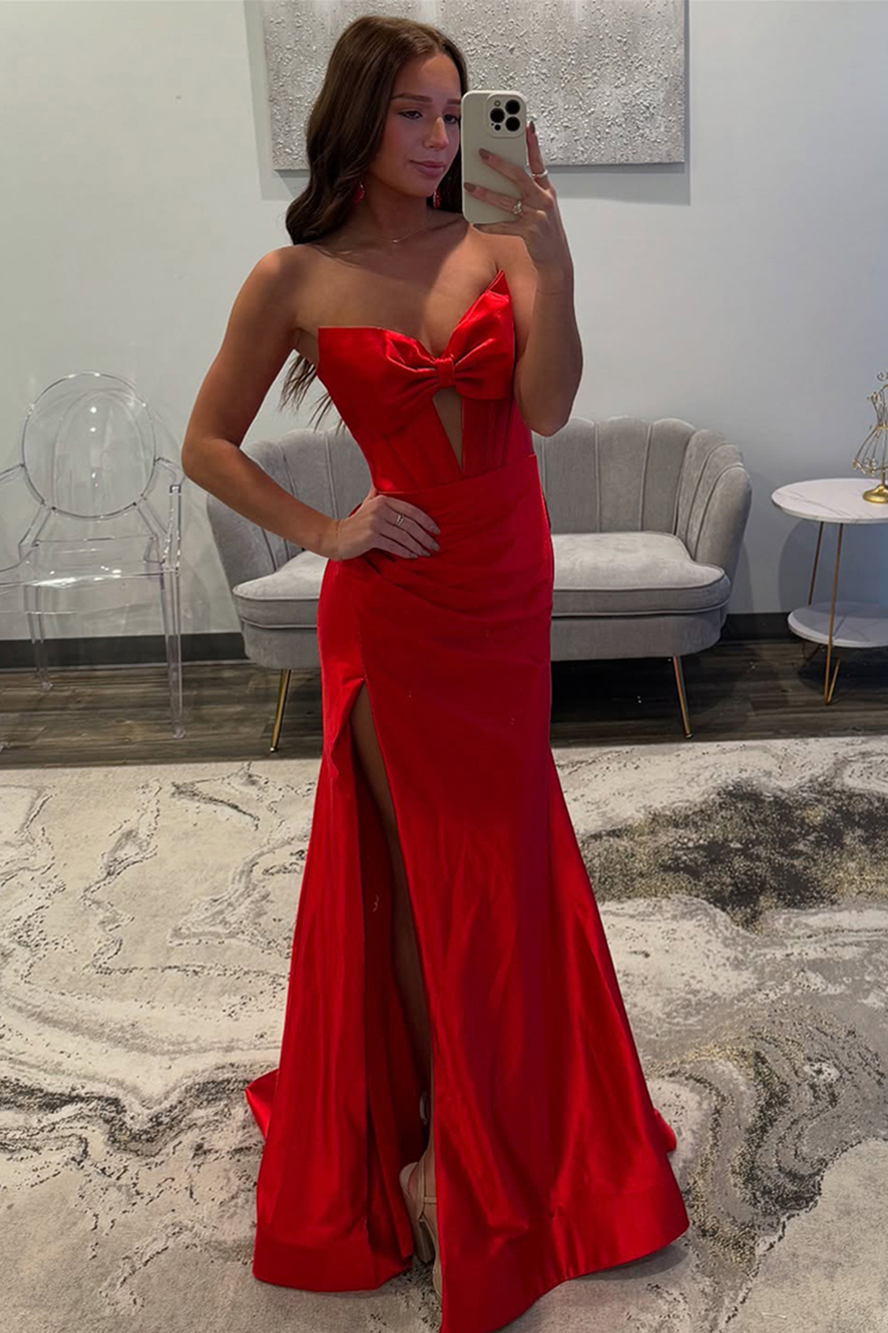 Simple Corset Red Satin Sweetheart Long Prom Dress with Slit