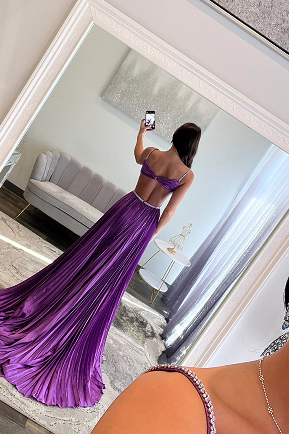 Fuchsia Metallic Pleated Prom Dress with Slit