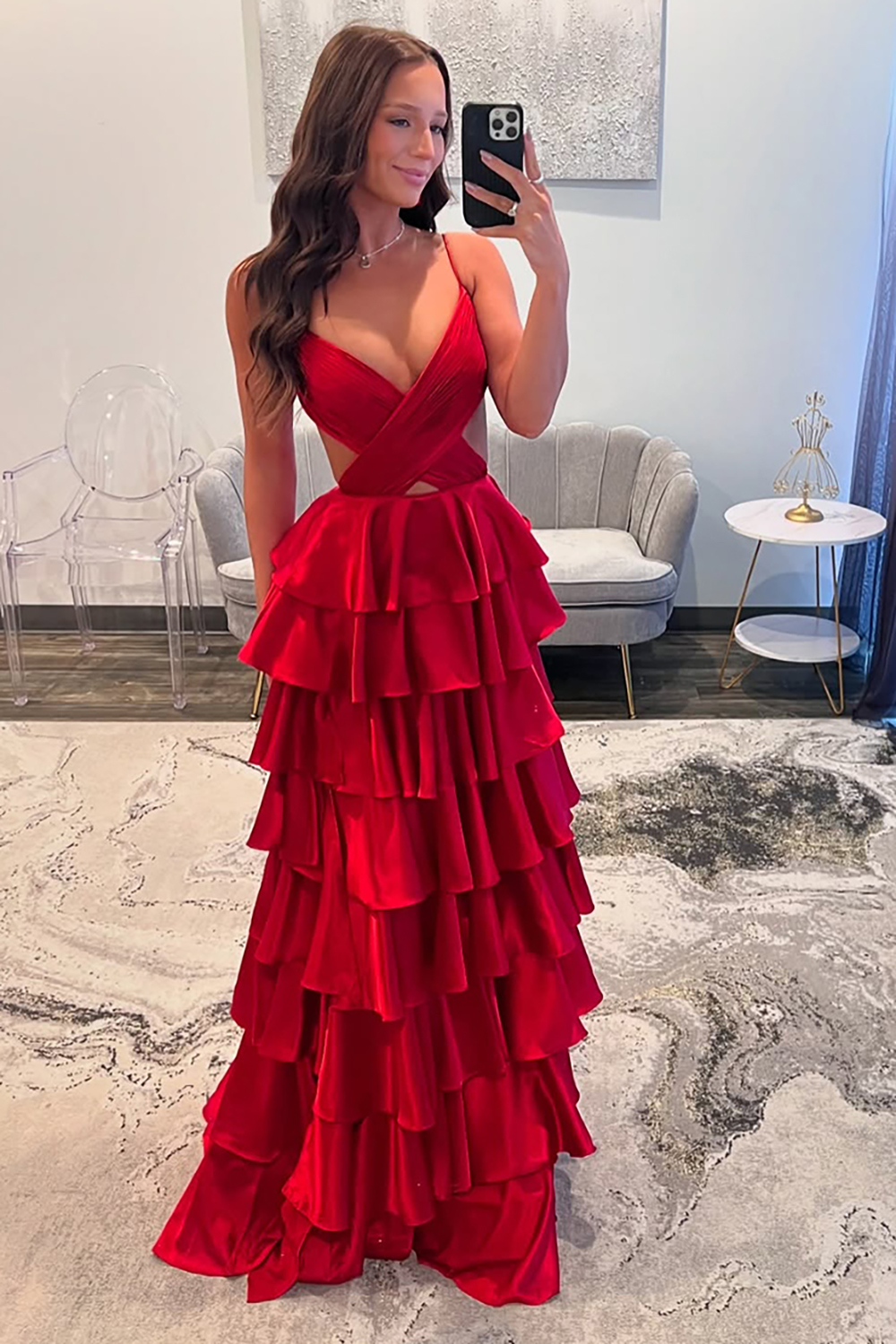 Red Ruffled Ruched Satin A Line Long Prom Dress with Slit