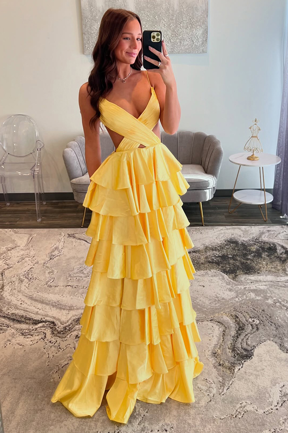 Red Ruffled Ruched Satin A Line Long Prom Dress with Slit